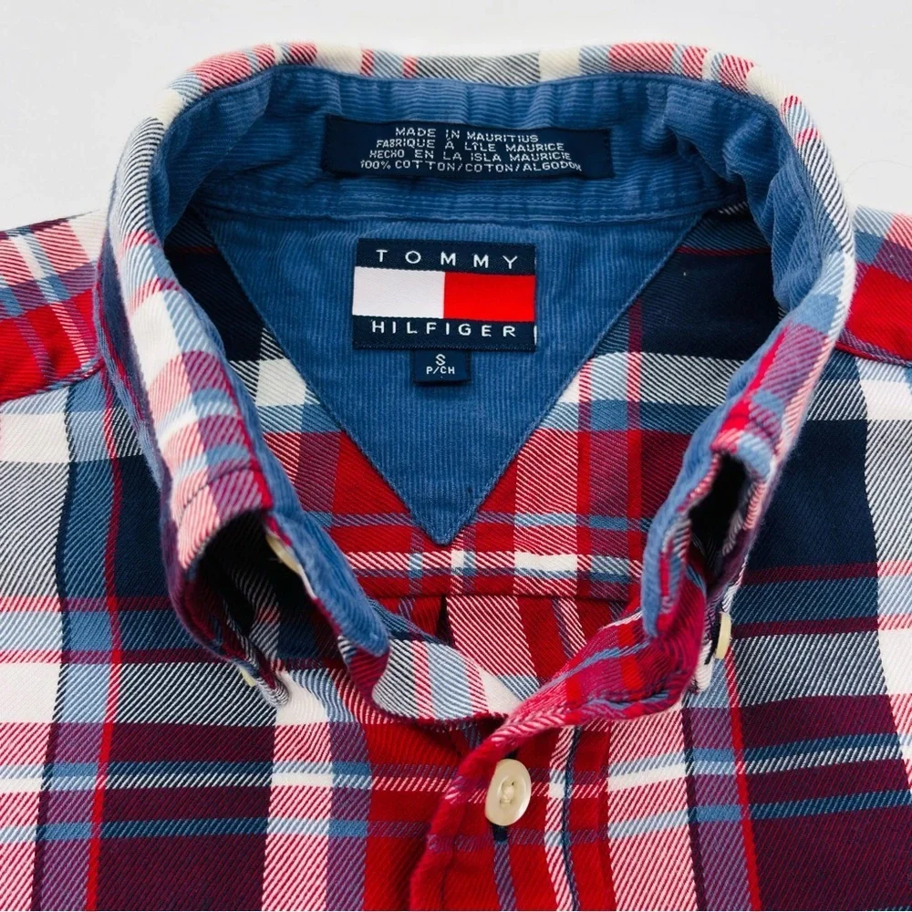 Tommy Hilfiger Navy, Red & White Flannel Checkered Button Down Shirt Size small - Picture 10 of 17